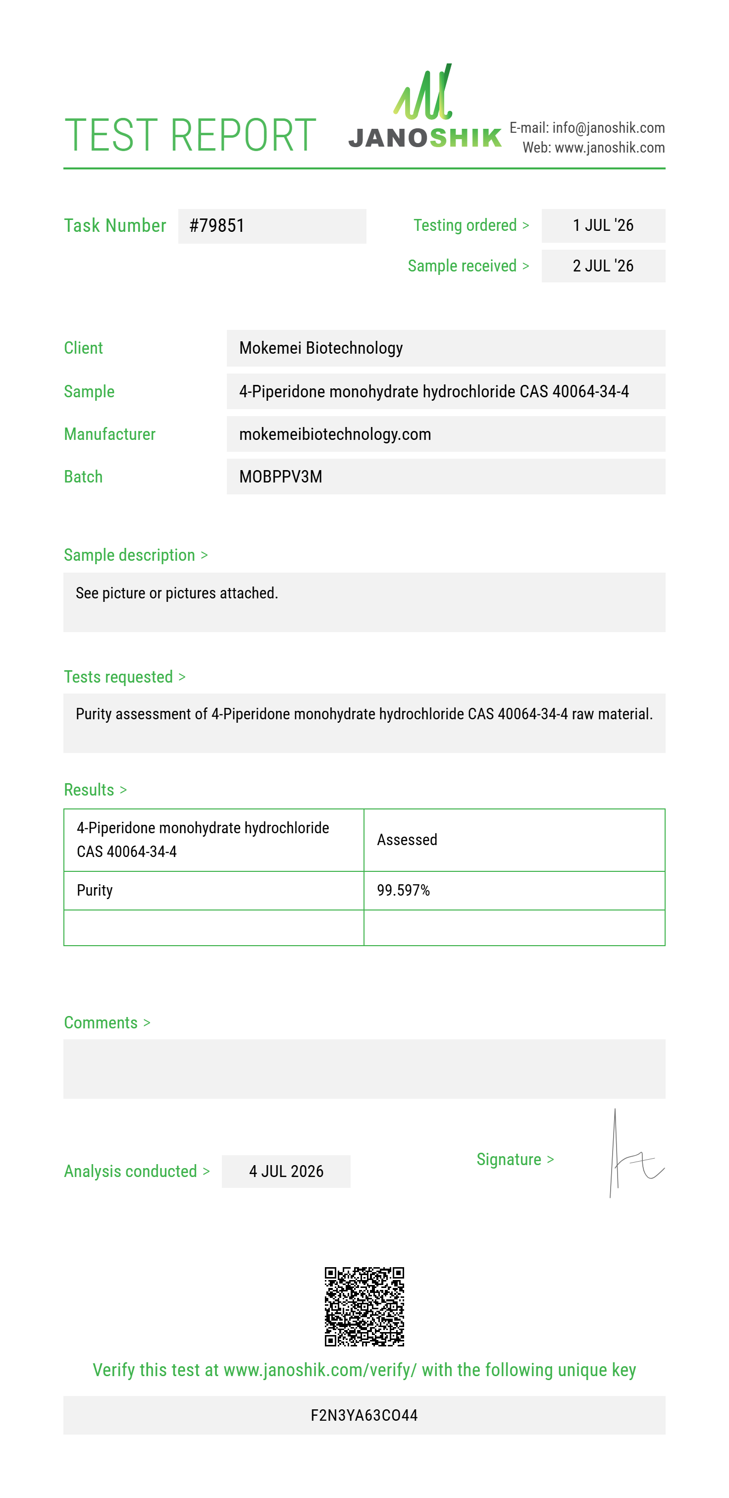 4-Piperidone monohydrate hydrochloride CAS 40064-34-4 Purity (HPLC) report by Janoshik Analytical