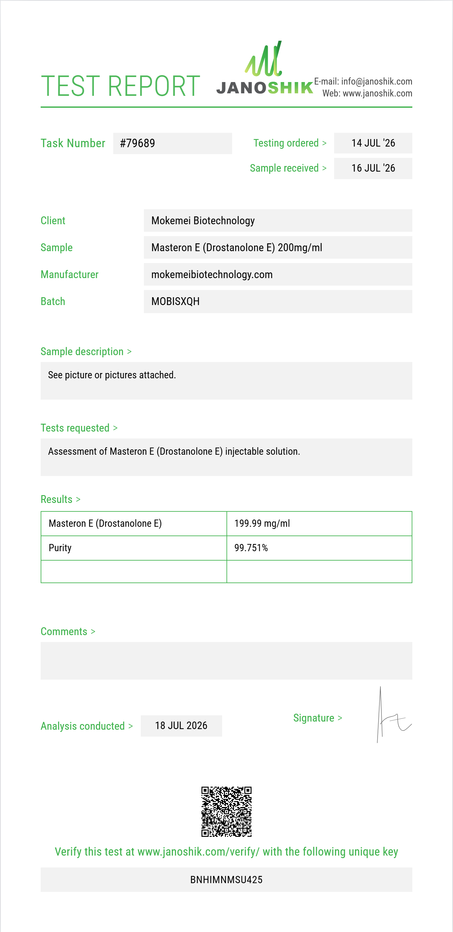 Masteron E (Drostanolone E) Purity (HPLC) report by Janoshik Analytical