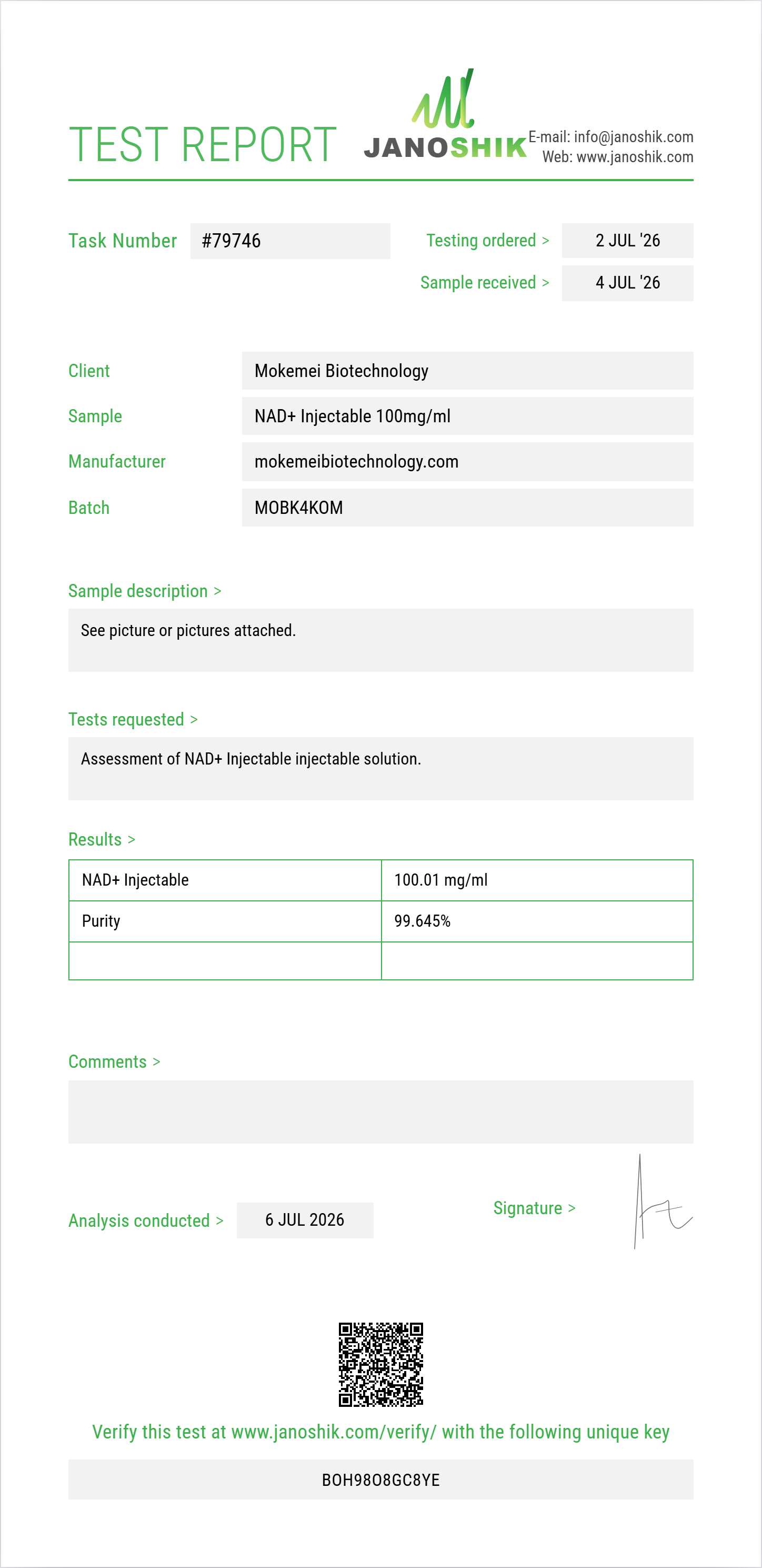 NAD+ Injectable Purity (HPLC) report by Janoshik Analytical