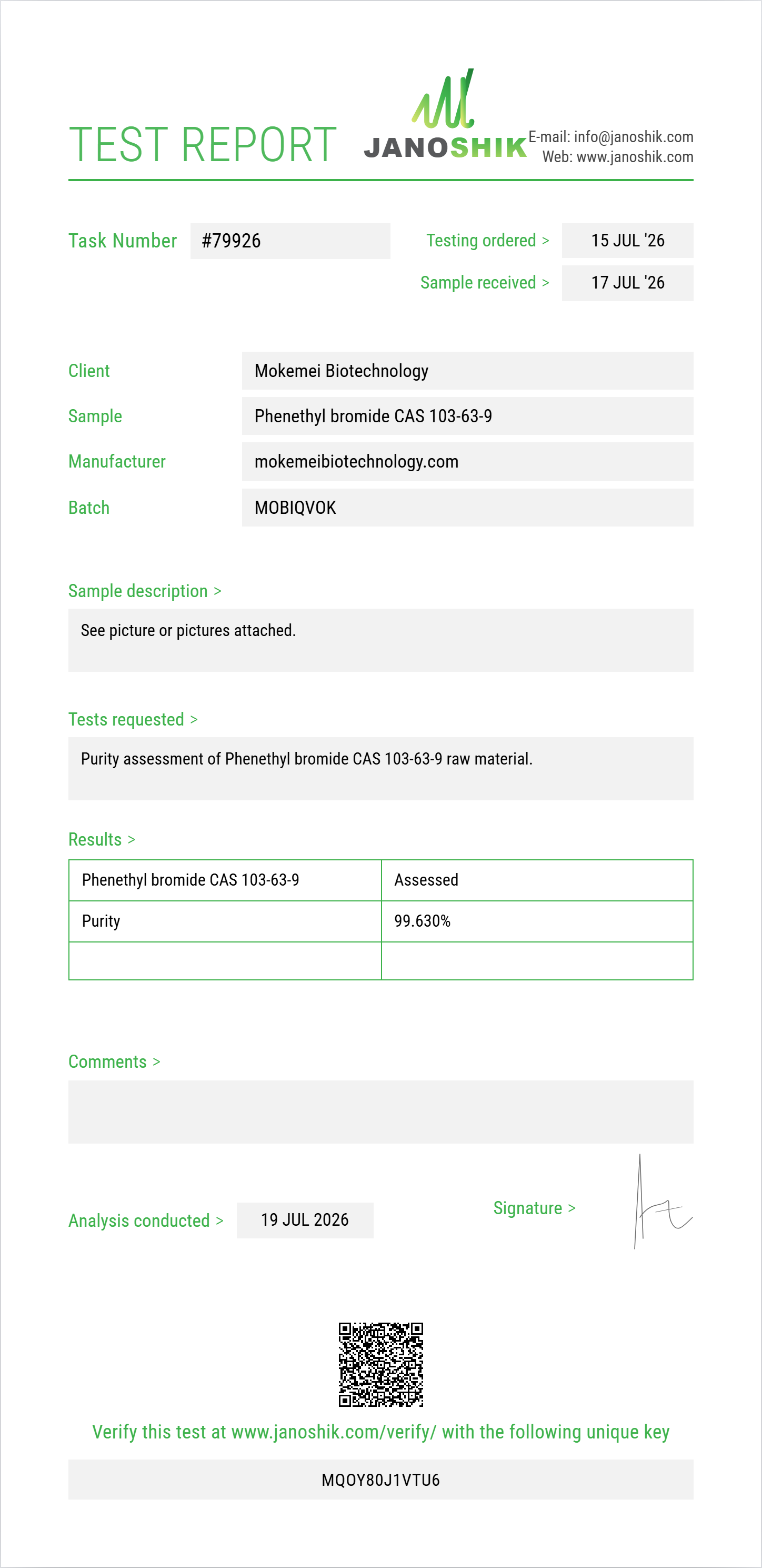 Phenethyl bromide (2-bromoethylbenzene) CAS 103-63-9 Purity (HPLC) report by Janoshik Analytical