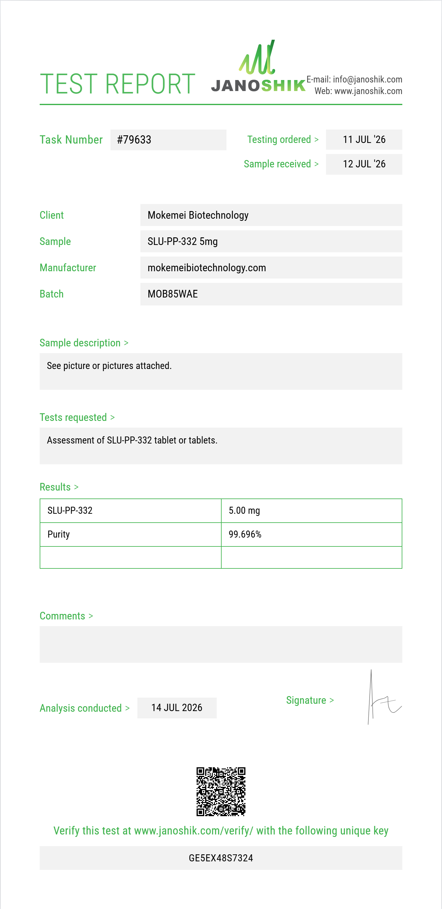 SLU-PP-332 Injectable Purity Test Report by Janoshik