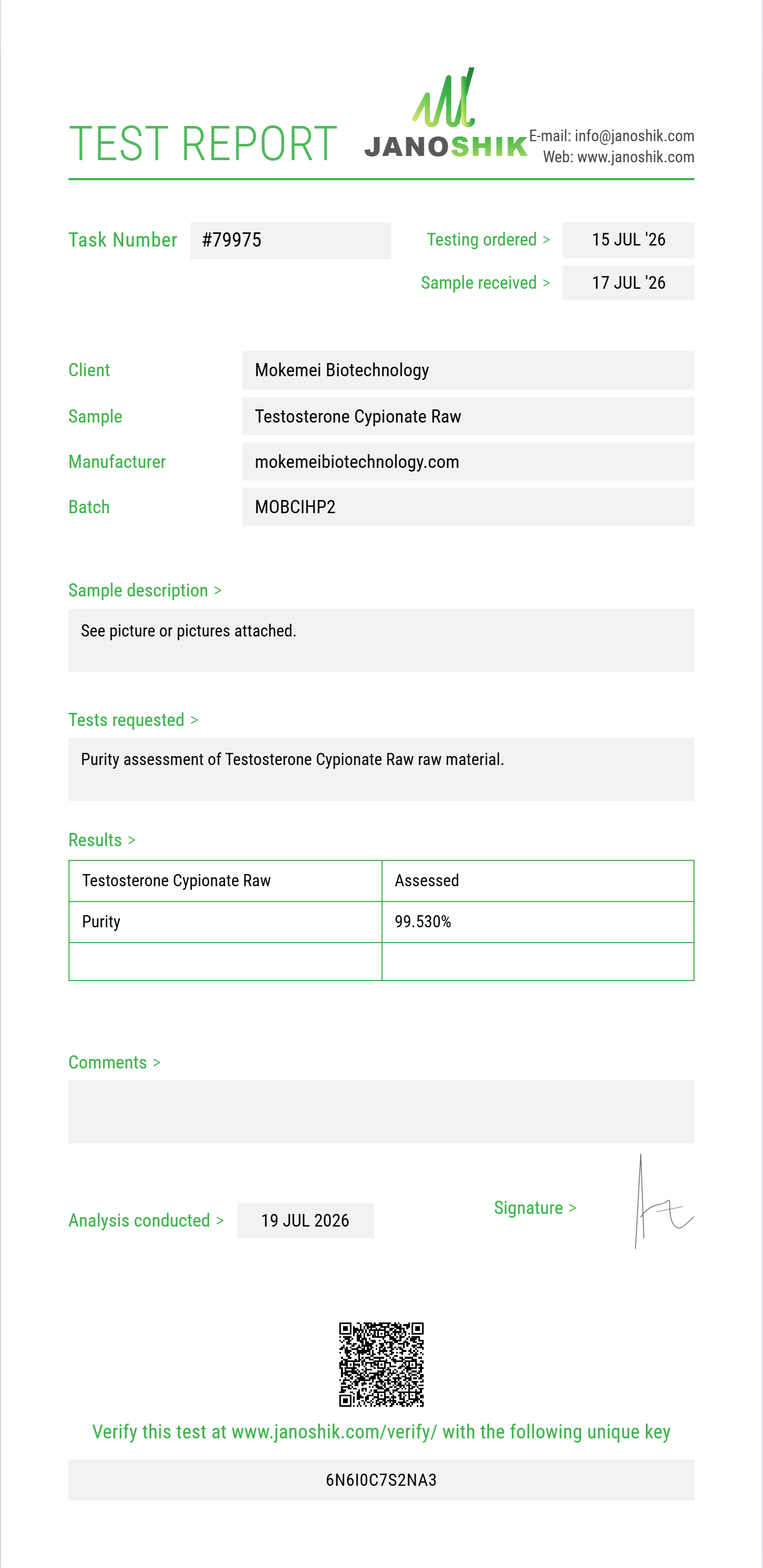 Testosterone Cypionate Raw Purity (HPLC) report by Janoshik Analytical